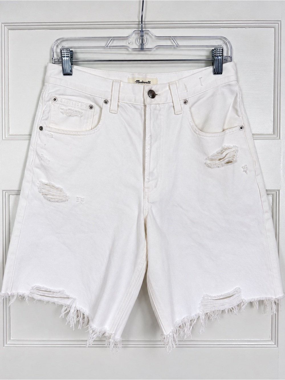 Madewell Essex Long Baggy Shorts 27 Tile White Distressed Denim Jorts